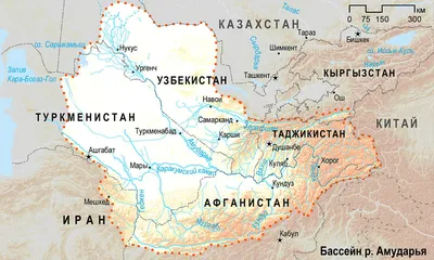 Река Амударья: тип питания, на карте, где протекает и куда впадает,  Таджикистан, Узбекистан, Туркмения, Афганистан