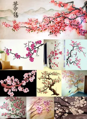 Images of sakura on the walls in different manner and techniques | Рисунки  цветов, Живопись цветы вишневого дерева, Цветочное искусство