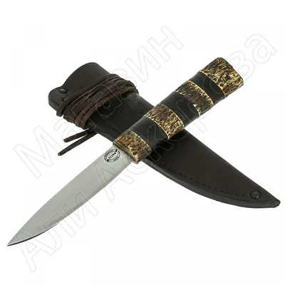 Нож Осётр (мозаичный ламинат, резьба по рогу, ножны рог лося-кожа) купить в  интернет-магазине «Булатный нож»
