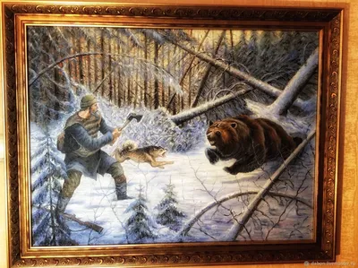 Картину Охота на медведя с рогатиной купить в рамке из состаренного дерева.