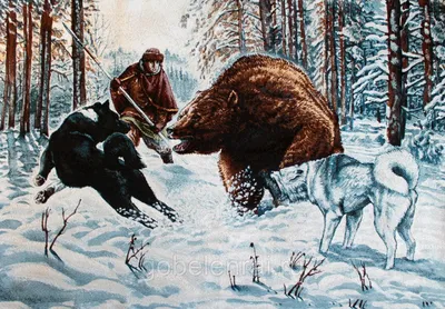Резная картина Охота на медведя с рогатиной