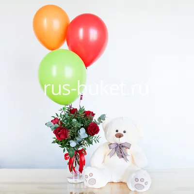 Купить красную розу в колбе и мишку из роз - pandafl.com.ua