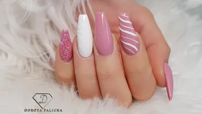 Christmas Pink and White coffin shape nails with fiber gel - YouTube