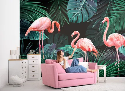 Фотообои / флизелиновые обои Розвые фламинго и листья 4 x 2,7 м - купить по  выгодной цене в интернет-магазине OZON (269342053)