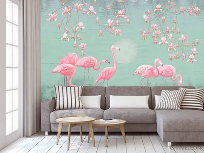 Фотообои Розовые фламинго, стоящие в голубом водоёме на стену - купить в  интернет-магазине Superfotooboi