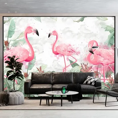 Фотообои на стену Розовые фламинго на прогулке - Природа Живопись Разное  Птицы