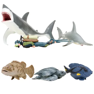 Фигурки игрушки серии \"Мир морских животных\": Акула, рыба-хирург, кожистая  черепаха, акула, рыба групер, дайвер