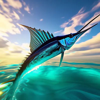 Рыба-парусник марлин, выпрыгивает из…» — создано в Шедевруме