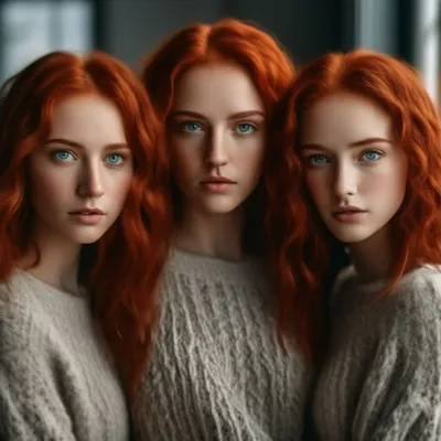 Три девушки рыжие волосы с голубыми…» — создано в Шедевруме