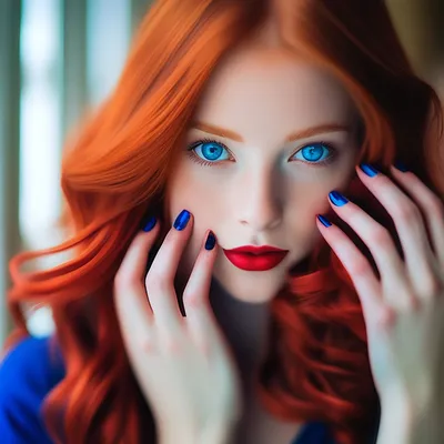 Девушка с рыжими волосами голубыми …» — создано в Шедевруме