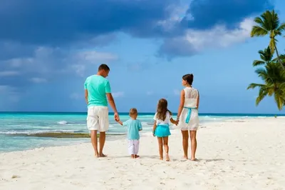 Семья Лайфстайл. Концепция семейного отдыха. Вид сзади на семейство карри  на пляжном отдыхе. стоковое фото ©Tverdohlib.com 509334130