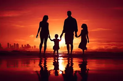 счастливая семья гуляет по вечерам на заднем оранжевом закате Стоковое  Изображение - изображение насчитывающей лужайка, родитель: 253790677