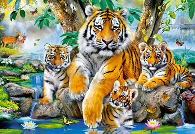 Купить Набор для росписи по номерам Семья тигров с лаком и уровнем 40х50  см. Strateg VA-0561 недорого