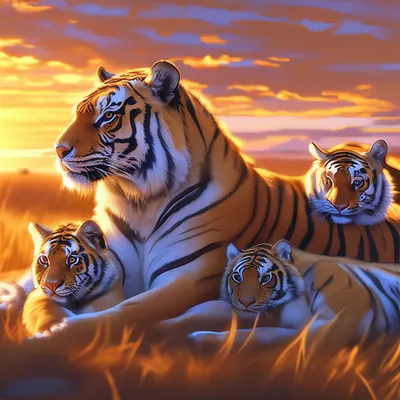 Семья тигров отдыхает,гиппердетализация…» — создано в Шедевруме