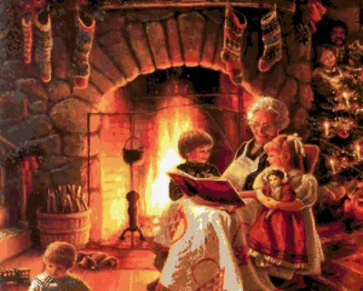 Семья возле камина в украшенном рождественским интерьером доме с подарочной  коробкой стоковое фото ©nejron 54270457