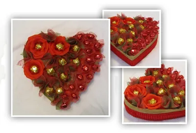 Съедобный букет из конфет и красных роз в виде сердца