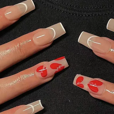 Накладные ногти с красным сердцем, 24 шт., блестящие, простой стиль, дизайн  во французском стиле, носимые накладные ногти, волшебный пресс для ногтей,  накладные ногти, искусство | AliExpress