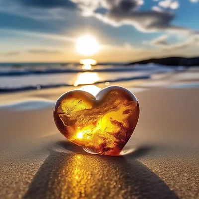 Янтарное сердце лежит в песке на …» — создано в Шедевруме