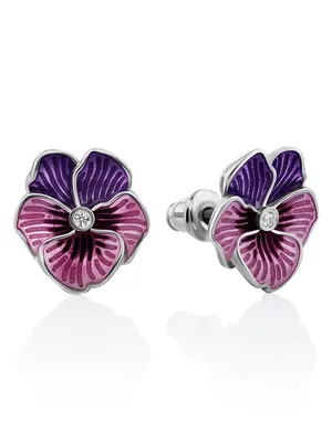 Серьги :: Серьги из серебра :: Небольшие серебряные серьги-цветки с  фиолетовой эмалью и фианитами