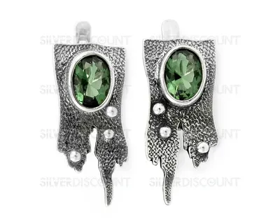 Серебряные серьги с зеленым камнем празиолитом купить на SilverDiscount.ru