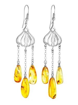 Изысканные серебряные серьги-люстры, украшенные янтарём с насекомыми «Клио»  в интернет-магазине янтаря