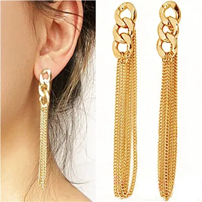 Женские большие длинные серьги-Цепочки, изящные золотые цепочки с  кисточками, серьги-гвоздики с подвесками для ушей | AliExpress