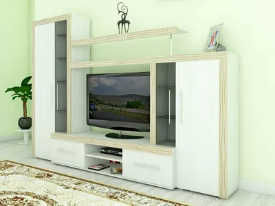Современная мебель для гостиной — два шкафа с распашными дверьми и тумба  под телевизор между шкафами.