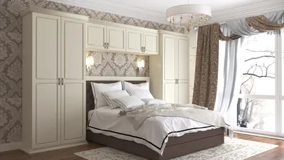 Кровать и П-образный шкаф белого цвета для спальни на заказ от  производителя «Арлайн»