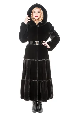 Шуба-пальто под пояс из черной норки блэклама (blackglama) с капюшоном из  рыси - 01202 в интернет-магазине «Династия»