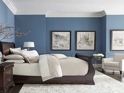 Спальня , синяя кровать с мягким …» — создано в Шедевруме