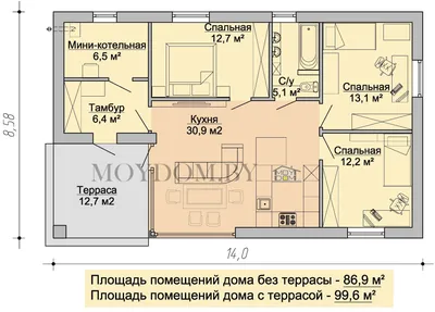 DT0309 – готовый проект одноэтажного дома 14 на 14 метров из пеноблоков