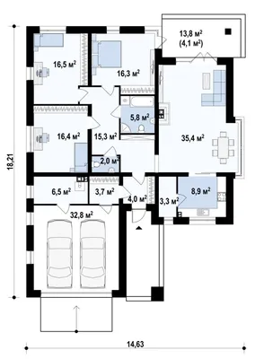 Проект дома из СИП на 84 м2, размером 8,5 x 10 м, одноэтажный, тамбур, цена  от ЭкоЕвроДом