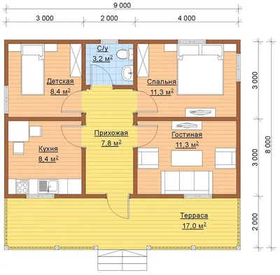 Планировка дома 8 на 9: одноэтажный, мансардный и двухэтажный проекты  Планировка одноэтажного дома с террасой | Планировка дома, Планировки,  Проекты домов