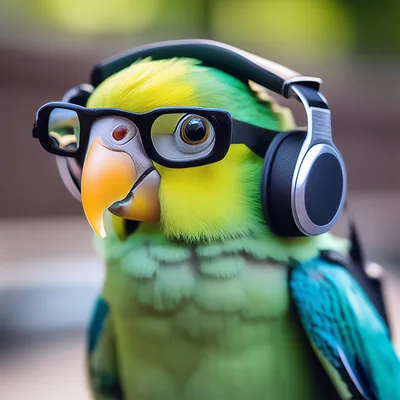 Смешной попугай в очках и наушниках…» — создано в Шедевруме