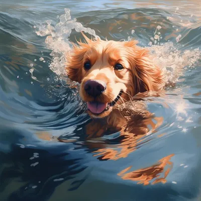Собака нырнула в воду плавает под …» — создано в Шедевруме
