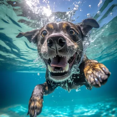 Собака плавает под водой в океане» — создано в Шедевруме