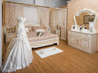 Комплект спальни Роза беж глянец (кровать 1,6, тумба прикроватная 2шт.,  туалетный стол с зеркалом, шкаф