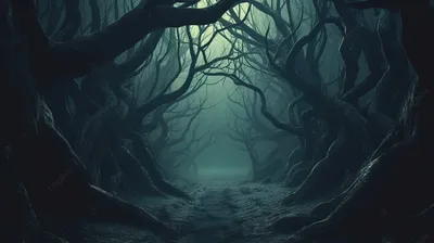 искривленные деревья в загадочном лесу жуткое трехмерное цифровое  произведение искусства с мрачной атмосферой, страшный лес, призрачный фон,  преследуемый фон картинки и Фото для бесплатной загрузки