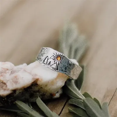 Штампованное вручную кольцо с изображением гор и солнечного света-минималистичные  украшения-Кемпинг, деревья, на открытом воздухе, стиль бохо, составное  натуральное широкое кольцо | AliExpress