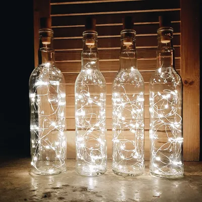 Бутылка-светильник прозрачное стекло, белая гирлянда ПМВ 001