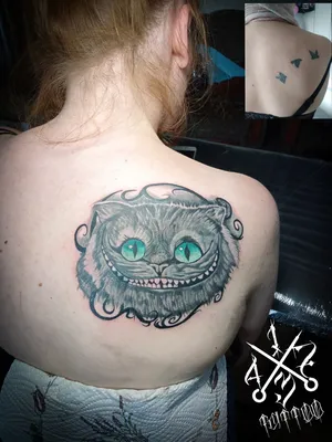 Тату чеширский кот на ноге - фото салона Tattoo Times, узнай цену на сайте.