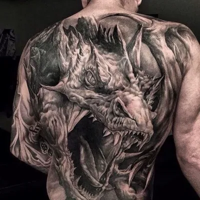 Татуировка женская япония на спине красный дракон - мастер Марк Акулов 5278  | Art of Pain