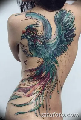 Фото тату феникс на спине 18.07.2019 №026 - phoenix tattoo on the back -  tatufoto.com - tatufoto.com