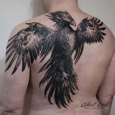 Фото тату феникс на спине 18.07.2019 №002 - phoenix tattoo on the back -  tatufoto.com - tatufoto.com