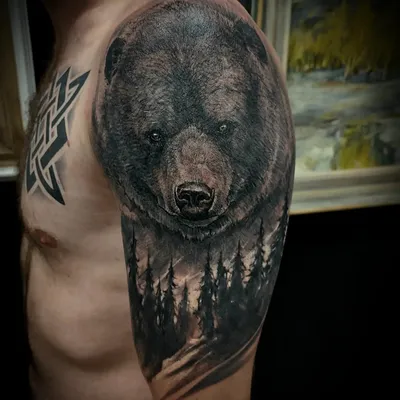 Черно-белая тату медведь на плече. Тату медведь чб на руке. Тату на руке  медведь и лес.