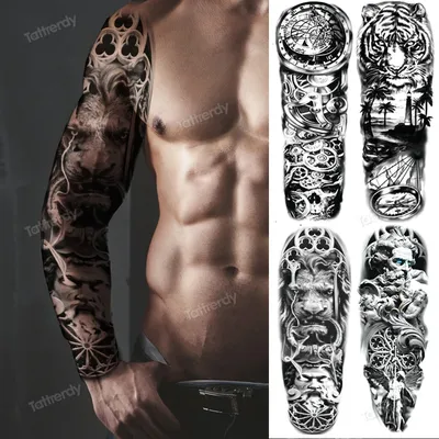 Временные татуировки для большого тела на всю руку для мужчин, мужские  татуировки, большой тигр, король, Бог, Череп, дизайнерские татуировки,  сексуальные наклейки на тело | AliExpress