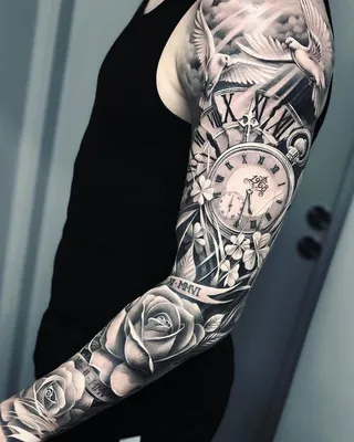 Тату рукав голуби, часы и цветы | Full sleeve tattoos, Clock tattoo sleeve,  Arm tattoos for guys