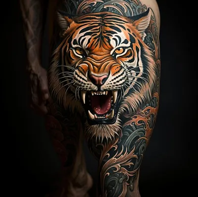 Татуировки Очень злой тигр в стиле Реализм, Черно-Серая Лопатки / Каталог  тату-салонов и мастеров