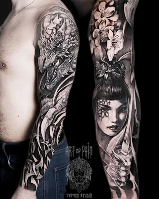 Татуировка мужская реализм и фентези тату-рукав девушка-воин и дракон -  мастер Слава Tech Lunatic 6410 | Art of Pain