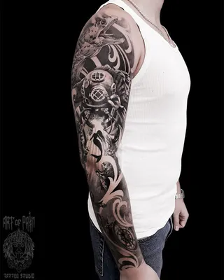 Татуировка мужская фентези тату-рукав русалка, водолаз, компас, рыба 4892 |  Art of Pain